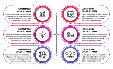 Infographic template with icons and 6 options or 6 steps. Can be used for workflow layout, diagram, timeline, banner, webdesign, business report, presentation. Vector illustration.