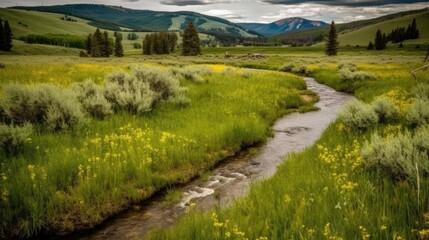 Stream flows through meadow. Lush grasses, mountains, and cloudy sky comprise background landscape