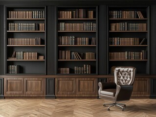 An office library with dark woodpaneled walls, elegant furniture, and large bookshelves for a classic, luxurious look