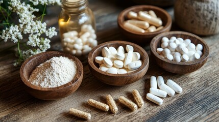 Fototapeta premium Assorted pills, capsules, and powder in wooden bowls on rustic wood.