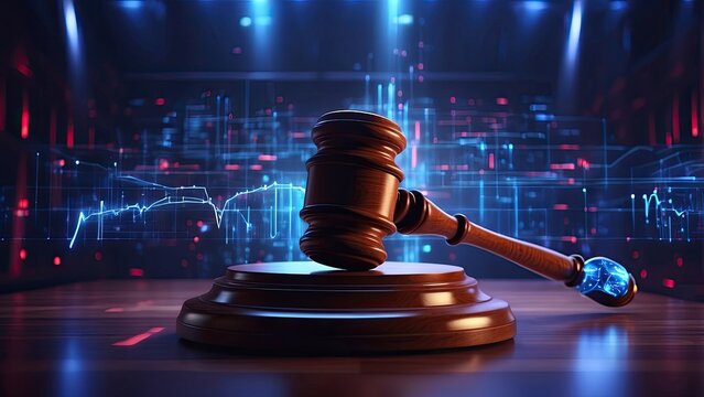 A judge's gavel is placed on a digitally rendered surface with glowing circuitry and binary code