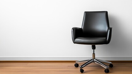 Fototapeta premium Modern black office chair positioned against a minimalist white wall in a serene workspace