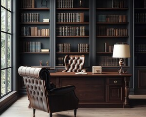 A luxurious libraryoffice with rich dark wood, a grand desk, and elegant leather chairs for a classic, sophisticated design