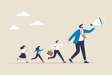 Leadership for team direction, success strategy, lead team to achieve goal, inspiration or motivate employee, manager or company mission concept, businessman leader megaphone pointing team direction.