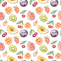 Watercolor Tropical Fruit seamless Pattern with exotic berries and citrus. Bright illustration on a vibrant background, perfect for kitchen wallpaper, wrapping paper, or summer food decor.
