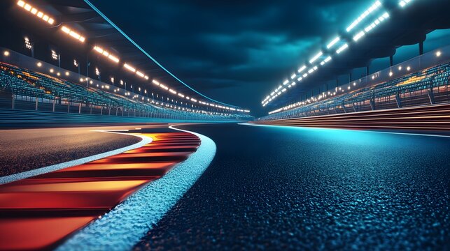 Fast ride on racing track and empty grandstands around asphalt road at night. Professional digital 3d illustration of racing sports