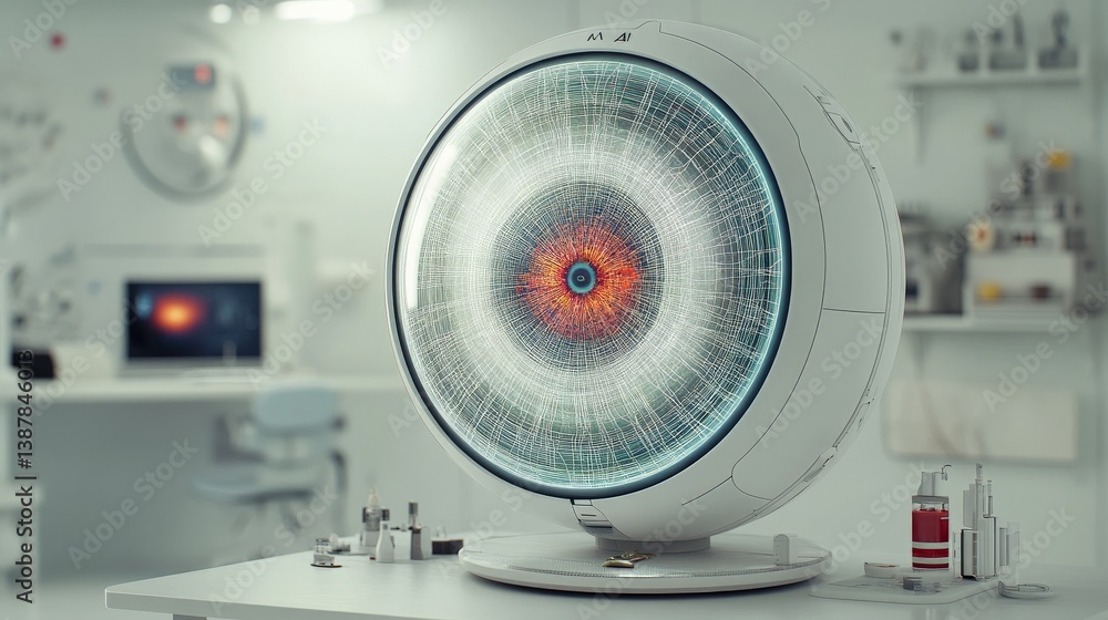 Poster futuristic scientific device with colorful pattern in laboratory setting