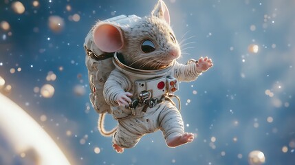 A cute mouse wearing an astronaut suit floats in space.