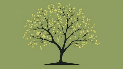 Simple silhouette of a tree with yellow leaves on a green background.