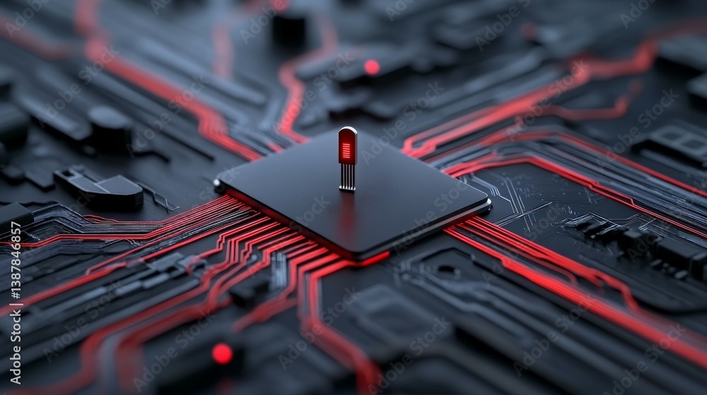 Poster futuristic microchip design with red circuit lines on dark surface