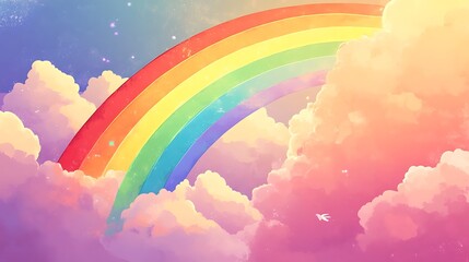 A colorful rainbow arcs across a whimsical sky filled with fluffy clouds.