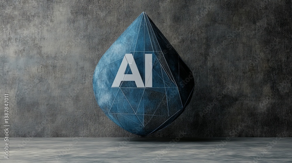 Poster abstract blue geometric drop shape with ai text on textured background