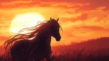 Silhouette of a horse running through a field during a fiery sunset.