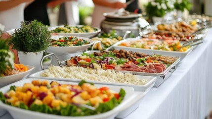 A buffet-style lunch with fresh salads, grilled meats, and side dishes on a white table.