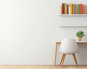 A minimalist office library featuring sleek, white bookshelves, a modern desk, and elegant gold accents for a refined feel