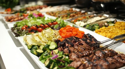 A buffet-style lunch with fresh salads, grilled meats, and side dishes on a white table.
