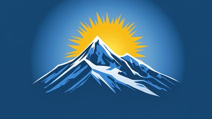A mountain peak with snow and a bright sun behind it.