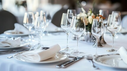 A clean and elegant white table decorated with various international dishes, neatly plated.