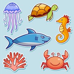 Vector fish set with hand drawn sea animals, turtle, seahorse, shark, coral, crab, jellyfish with outline,
stickers for kids in cartoon flat design, illustration of underwater creatures.