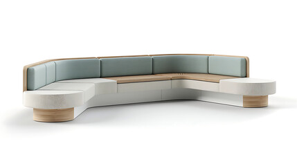 A modern, curved sofa with a wooden frame and light blue cushions.
