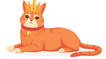 An orange tabby cat wearing a golden crown, a red collar with a bell, lying down on a white background.