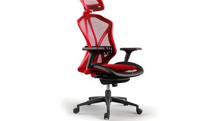 A red ergonomic office chair with mesh back and seat, on wheels.