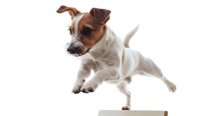 Happy Jack Russell Terrier jumps in mid air.