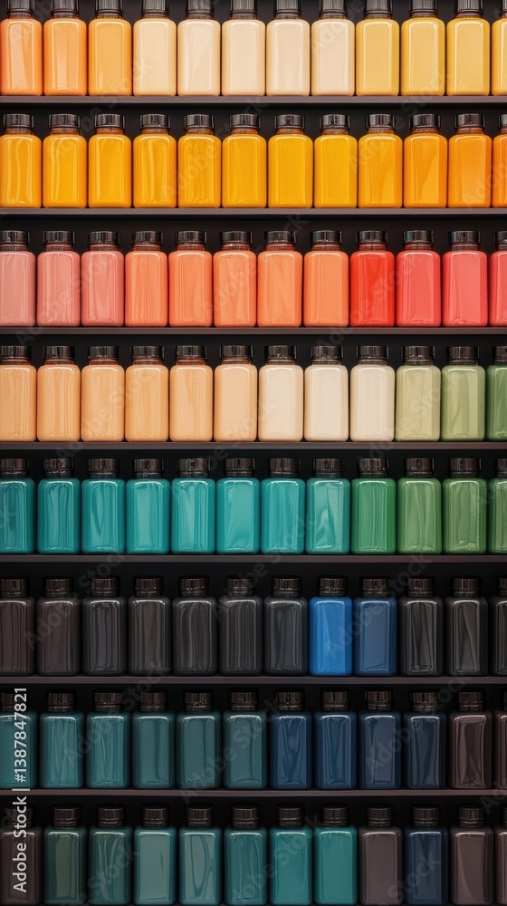 Poster a colorful display of neatly arranged paint bottles in various hues, showcasing a vibrant spectrum f