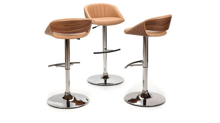 Three modern bar stools with chrome legs and a tan leather seat.