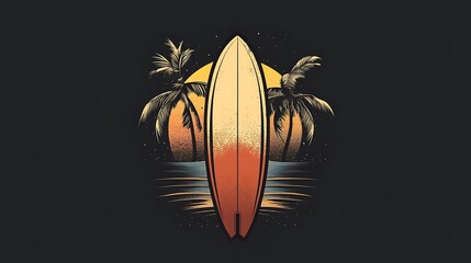 Illustration of a surfboard with palm trees and sunset.