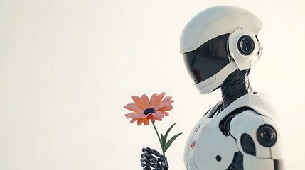 A futuristic robot holds a pink flower in its hand.