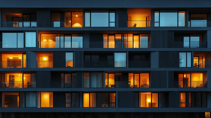 Obraz premium Modern apartment facade at night with glowing windows