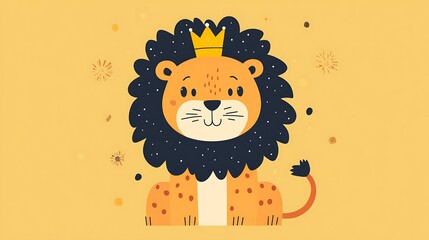 A cute cartoon lion with a golden crown on a yellow background, surrounded by confetti.