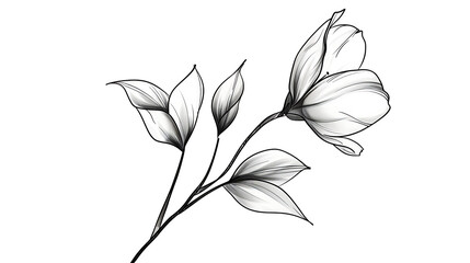 A delicate, hand-drawn black and white illustration of a single flower with leaves.