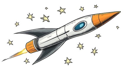 Hand drawn illustration of a rocket ship flying through space with stars.