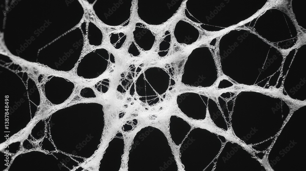 Poster a detailed close-up of intricate, web-like structures on a black background, showcasing delicate pat