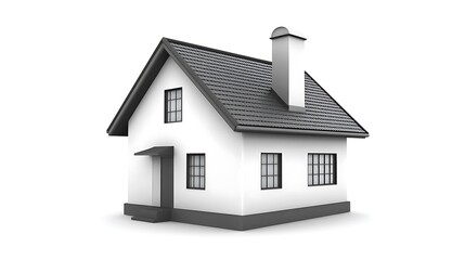 A simple, white house with a black roof and chimney sits on a white background.