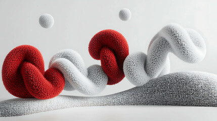 Abstract  3D rendering of fluffy red and white shapes on a white background.