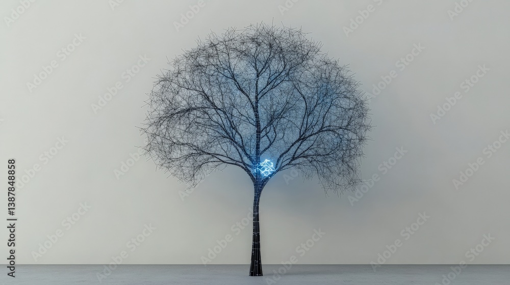Poster illuminated tree with blue glow on neutral background in modern setting