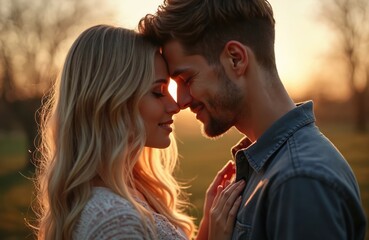 Fototapeta premium Young couple share intimate moment. Foreheads touch, closed eyes. Man, woman feel happy, joy. Love, affection, connection. Outdoor, sunset, warm light. Romantic, tenderness, peaceful feelings.