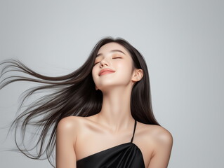 Naklejka premium woman, hair, beauty, fashion, face, model, brunette, people, hairstyle, person, long, glamour, skin, smile, 