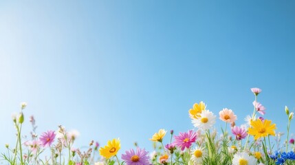 Vibrant wildflowers, in hues of pink, yellow, and white, bloom against a clear blue sky. The flowers form a horizontal line, creating a cheerful composition. The image is high quality, with sharp fo