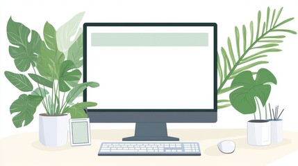 Modern Workspace with Greenery and Minimalist Computer Setup