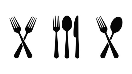 Cutlery Arrangement: A minimalist, artistic collection of black forks, spoons, and knives on display. Designed for kitchen and eating concepts. 