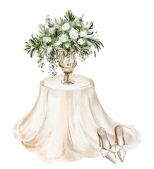Watercolor illustration of a cozy dining table setting for a wedding reception. Elegant tablecloth, bouquet centerpiece, and candles create a warm for a celebration. Art for invitations, print design.