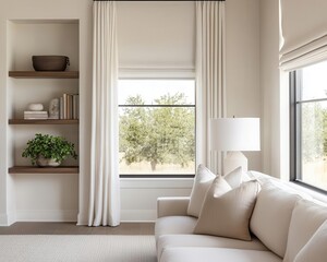 Elegant reading space with minimalist shelving, a neutraltoned sofa, and large windows for an airy, clean look