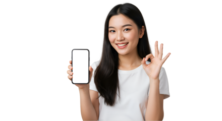 Woman Presenting Phone Screen and Showing OK Sign Against Transparent Background