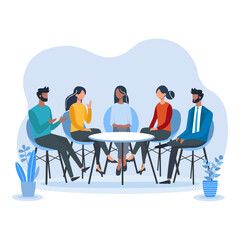 Flat vector illustration of diverse people sitting in a circle and having a discussion. Group meeting, brainstorming, or team collaboration concept with speech bubbles and modern interior