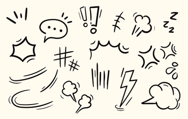scribble illustration of cartoon comic effect set.Hand drawn doodle style with brush stroke, line art action design