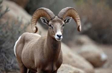 Peninsular bighorn sheep portrait. Majestic animal with large horns in natural desert habitat. Endangered species in California. Wildlife protection, conservation concepts.